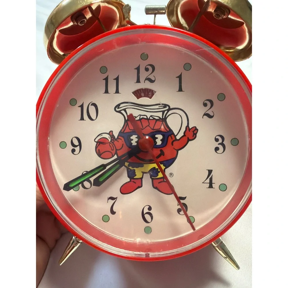 Vintage Kool-Aid Man Twin Bell Alarm Clock Red Gold Tone Manual Wind Up Retro